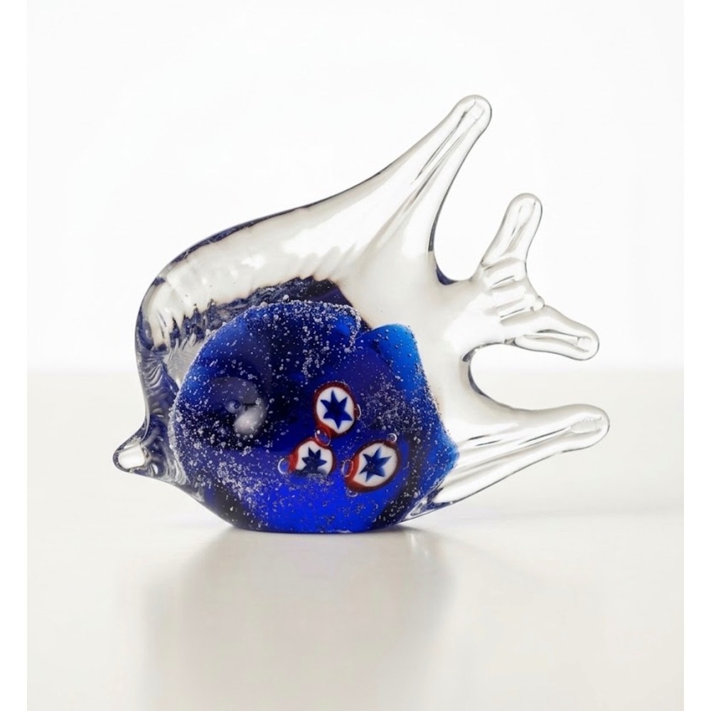 VTG murano style art glass angel fish paperweight cobalt blue millefiori MCM